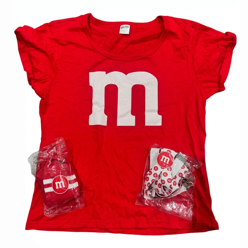 M&Ms Red Costume Adult Large Shirt Skirt Socks‎ Suspenders Candy Halloween Party - Picture 6 of 8